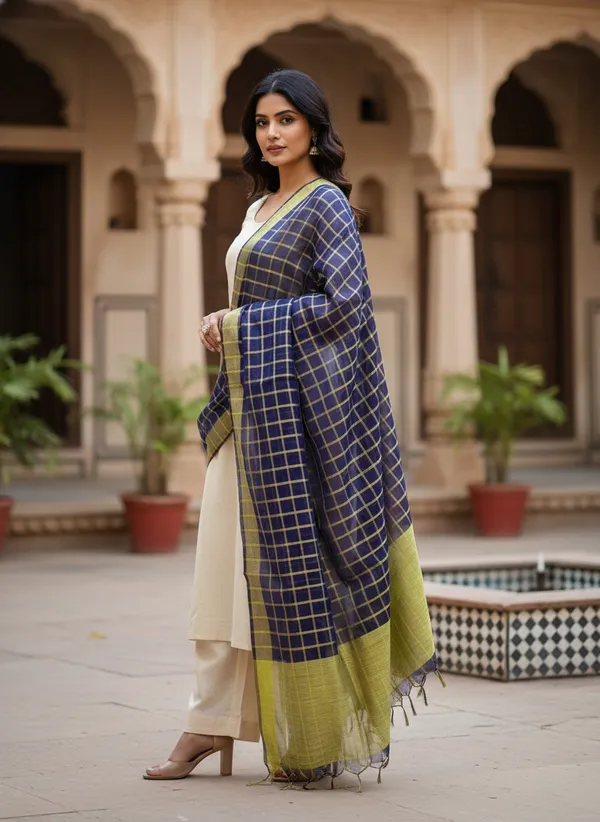 Navy_Blue_Banarasi_Thread_Work_Checkered_Dupatta_For_Women
