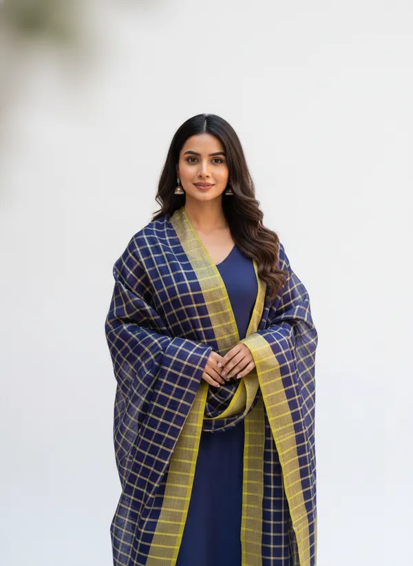 Navy_Blue_Banarasi_Thread_Work_Checkered_Dupatta_For_Women