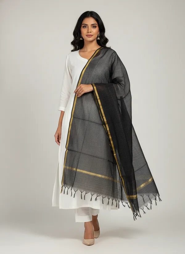 Black_Banarasi_Moonga_Check_Dupatta_For_Women