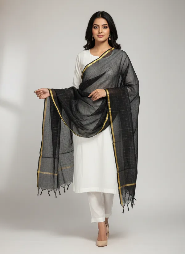 Black_Banarasi_Moonga_Check_Dupatta_For_Women