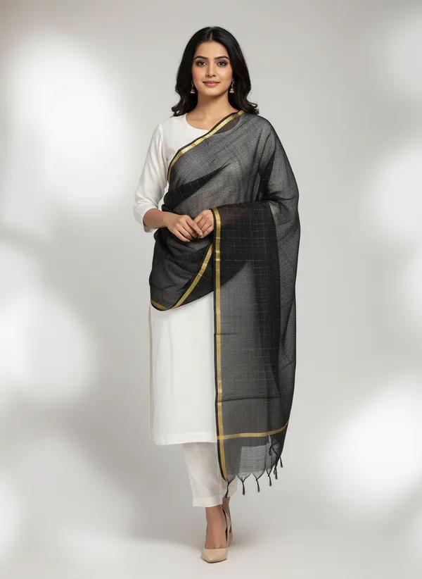 Black_Banarasi_Moonga_Check_Dupatta_For_Women