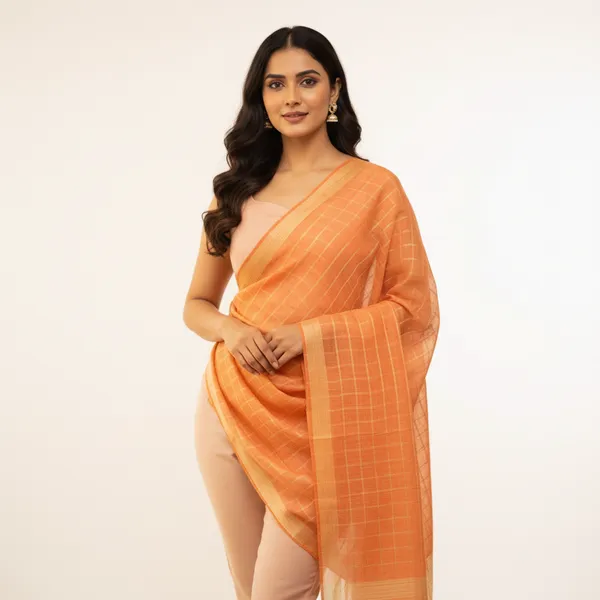 Peach_Banarasi_Thread_Work_Checkered_Dupatta_For_Women