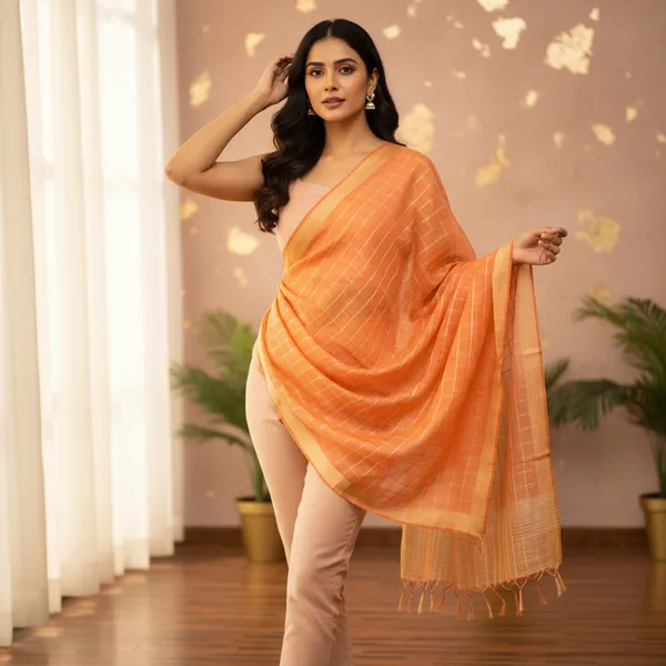 Peach_Banarasi_Thread_Work_Checkered_Dupatta_For_Women