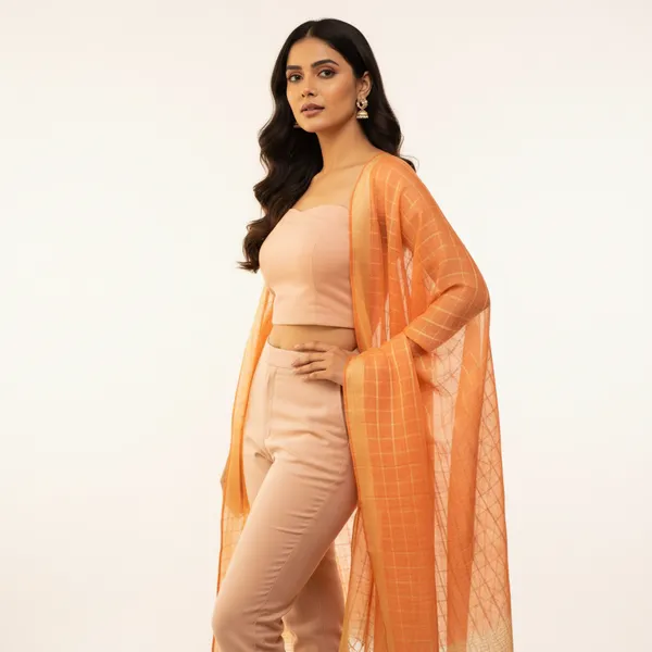 Peach_Banarasi_Thread_Work_Checkered_Dupatta_For_Women