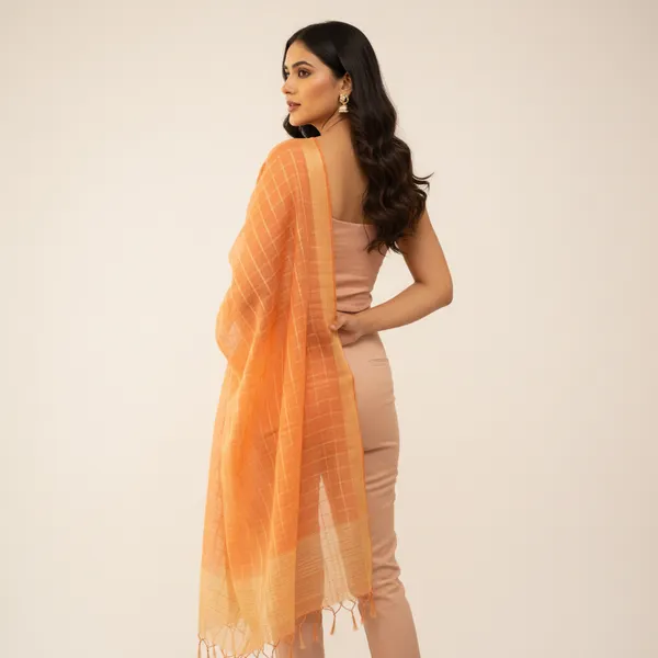 Peach_Banarasi_Thread_Work_Checkered_Dupatta_For_Women