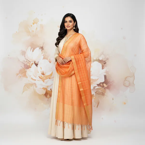 Peach_Banarasi_Thread_Work_Checkered_Dupatta_For_Women