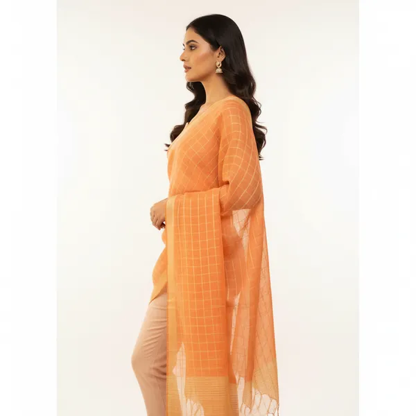 Peach_Banarasi_Thread_Work_Checkered_Dupatta_For_Women