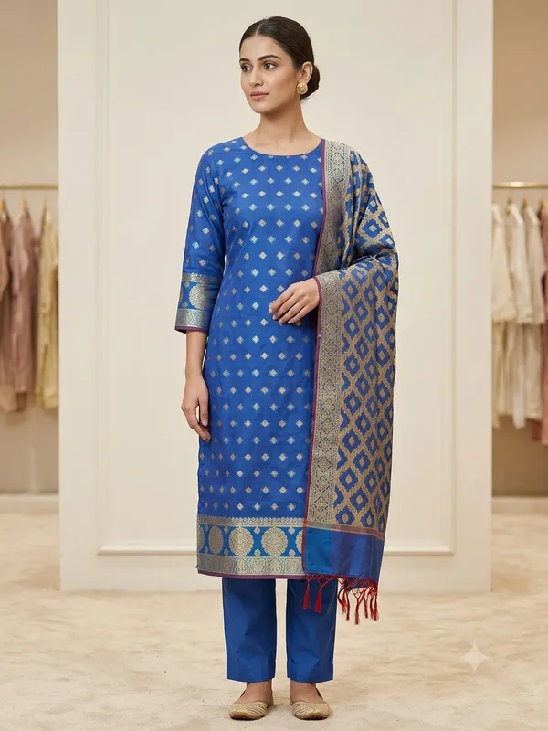 Blue_Banarasi_Women's_Unstitched_Suit_Material_With_Dupatta_For_Women