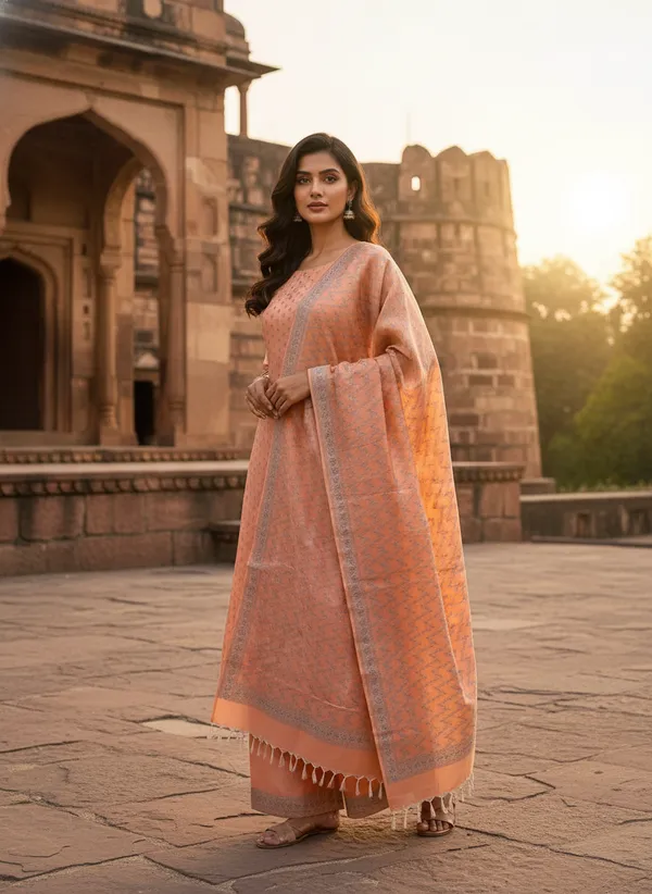 Peach_Banarasi_Mashru_Silk_Unstitched_Suit_Set_with_Dupatta_|_Womens_Festive_Ethnic_Wear