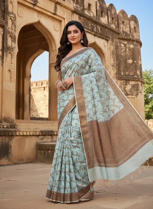 Ice_Blue_Banarasi_Cotton_Silk_Thread_Weaved_Saree