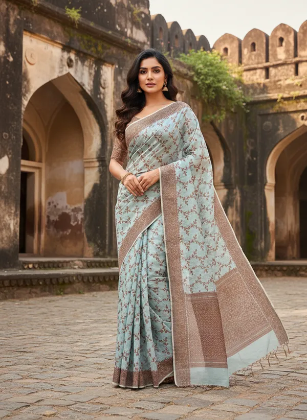 Ice_Blue_Banarasi_Cotton_Silk_Thread_Weaved_Saree