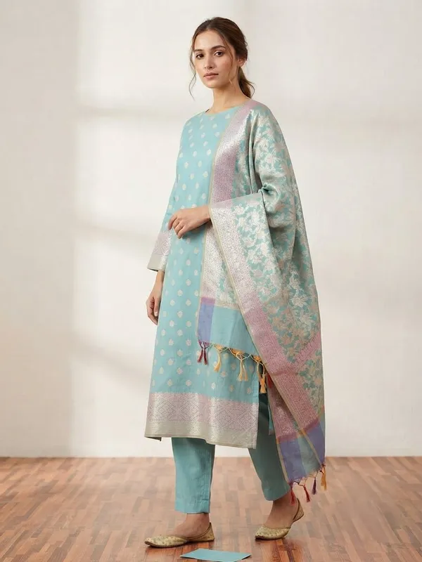 Light_Blue_Banarasi_Unstitched_Suit_Fabric_|_Cotton_Silk_Dress_Material_with_Zari_Weaving