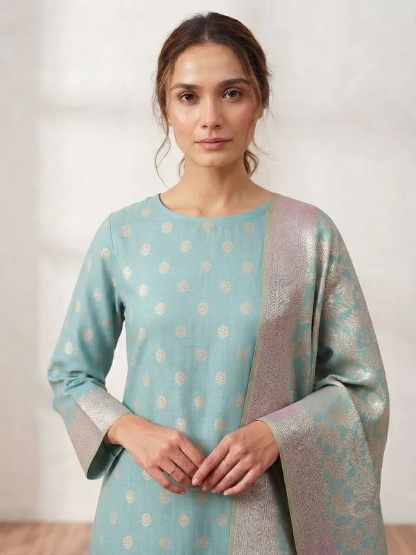 Light_Blue_Banarasi_Unstitched_Suit_Fabric_|_Cotton_Silk_Dress_Material_with_Zari_Weaving