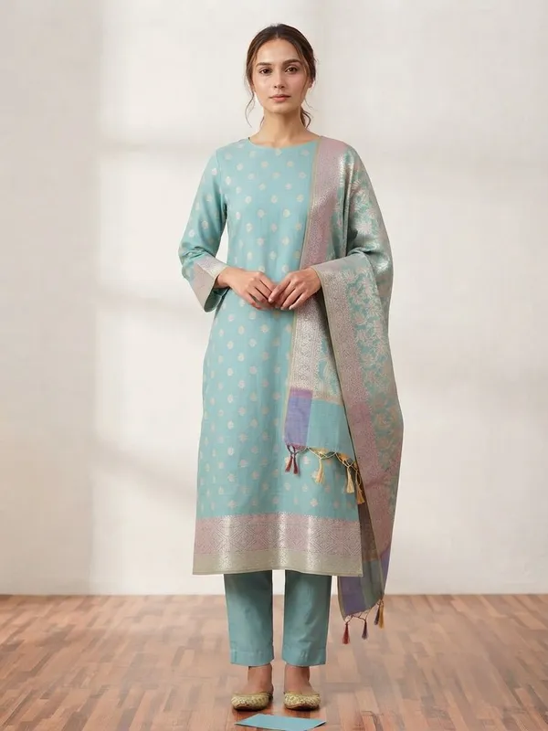 Light_Blue_Banarasi_Unstitched_Suit_Fabric_|_Cotton_Silk_Dress_Material_with_Zari_Weaving