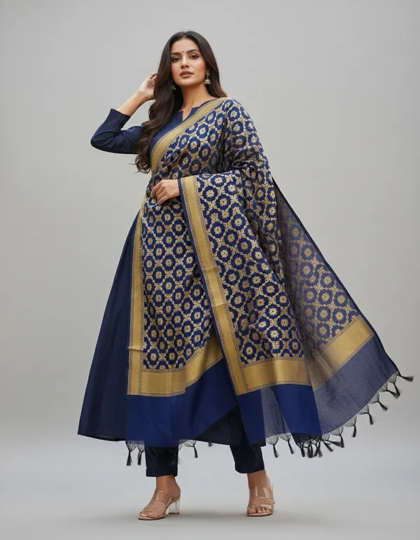 Navy_Banarasi_Cotton_Zari_Weaved_Dupatta