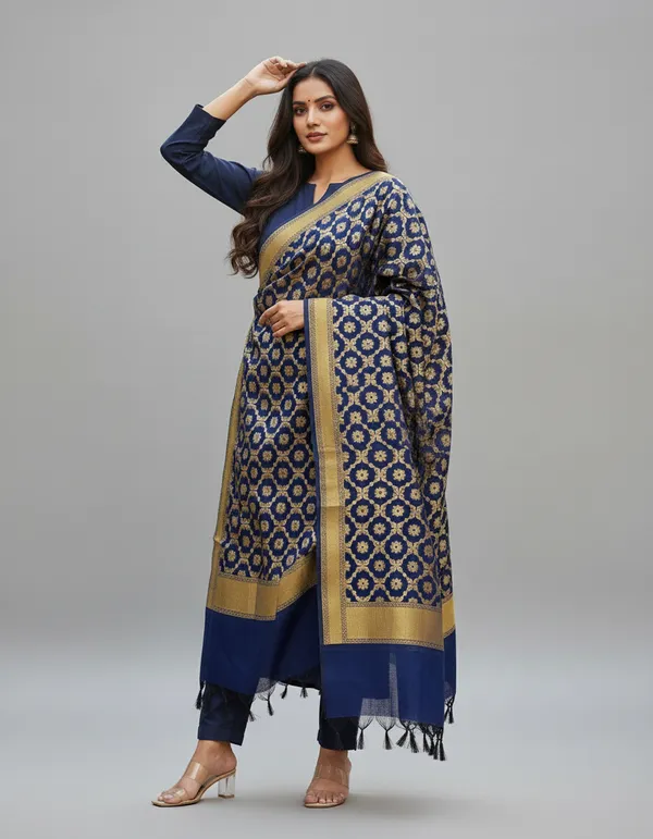 Navy_Banarasi_Cotton_Zari_Weaved_Dupatta