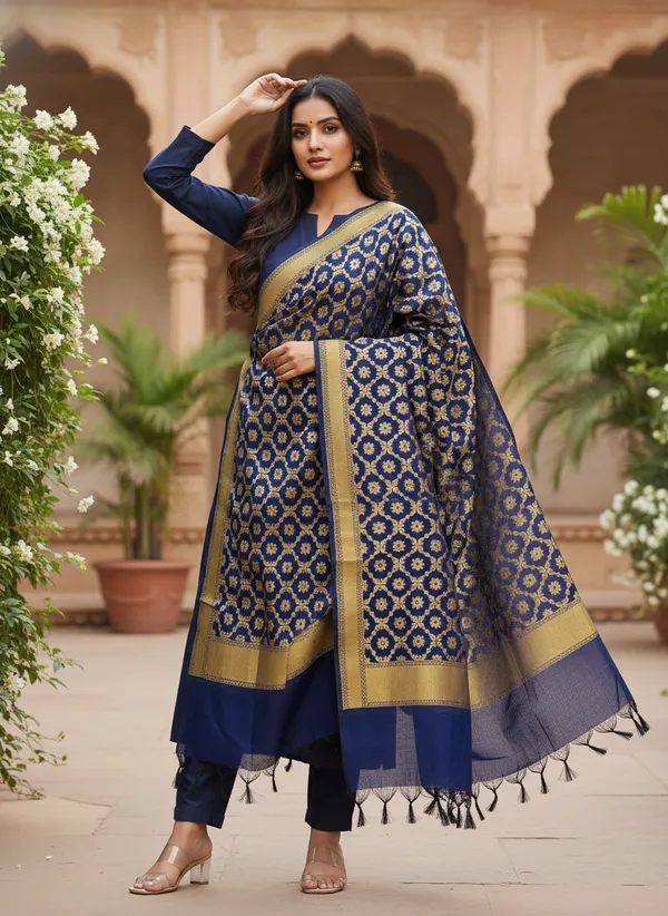 Navy_Banarasi_Cotton_Zari_Weaved_Dupatta