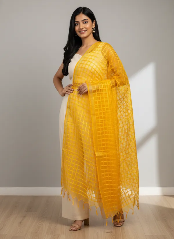 Yellow_Banarasi_Bada_Check_/_Self-Color_Checkered_Dupatta_For_Women