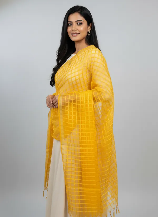 Yellow_Banarasi_Bada_Check_/_Self-Color_Checkered_Dupatta_For_Women