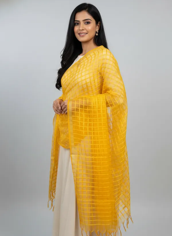 Yellow_Banarasi_Bada_Check_/_Self-Color_Checkered_Dupatta_For_Women