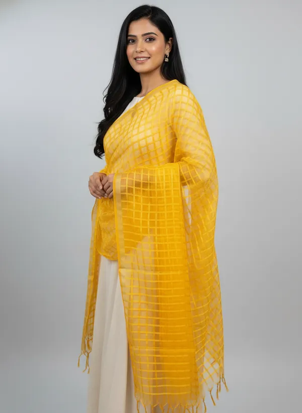 Yellow_Banarasi_Bada_Check_/_Self-Color_Checkered_Dupatta_For_Women