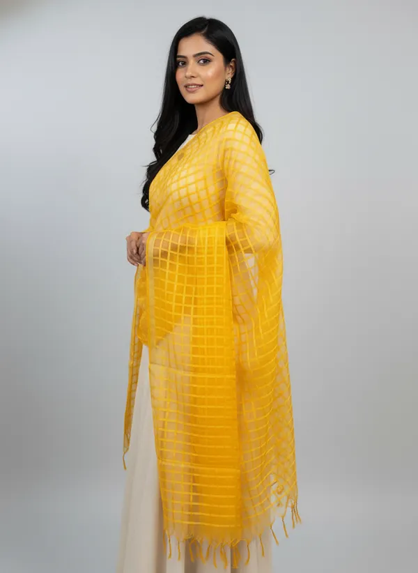 Yellow_Banarasi_Bada_Check_/_Self-Color_Checkered_Dupatta_For_Women