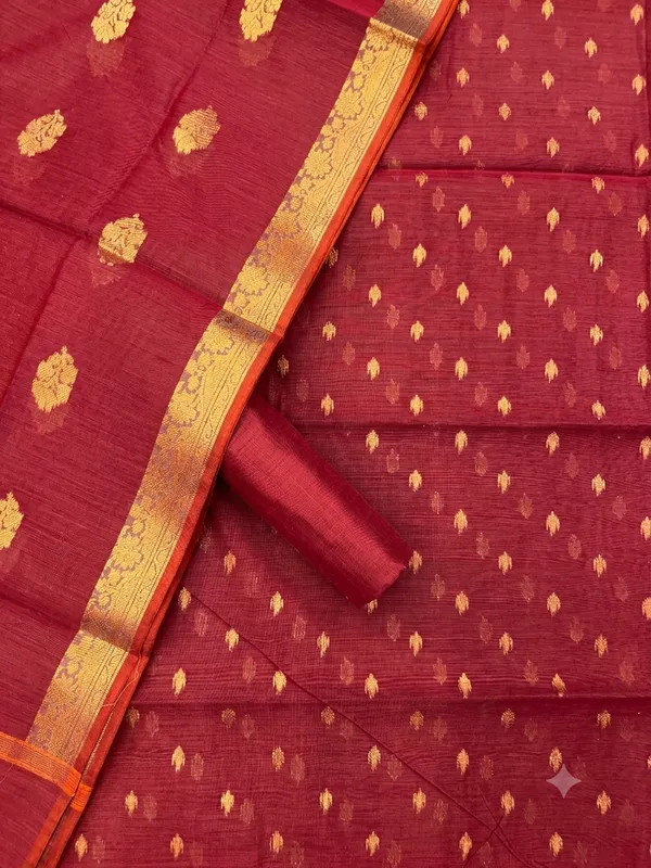Red_Banarasi_Unstitched_Suit_Fabric_|_Cotton_Silk_Dress_Material_with_Zari_Weaving