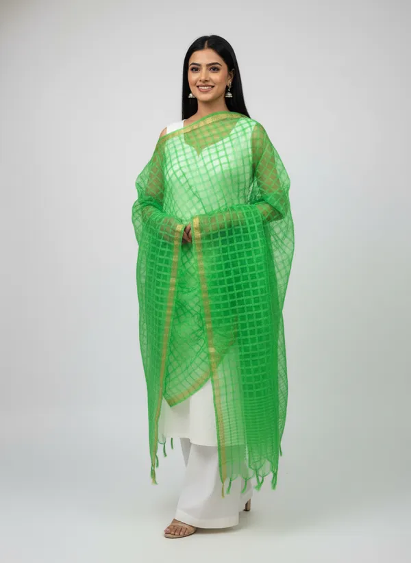 Parrot_Green_Banarasi_Bada_Check_/_Self-Color_Checkered_Dupatta_For_Women
