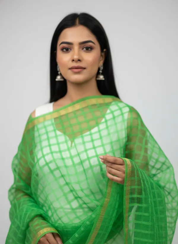 Parrot_Green_Banarasi_Bada_Check_/_Self-Color_Checkered_Dupatta_For_Women