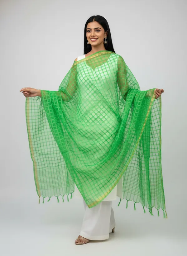 Parrot_Green_Banarasi_Bada_Check_/_Self-Color_Checkered_Dupatta_For_Women