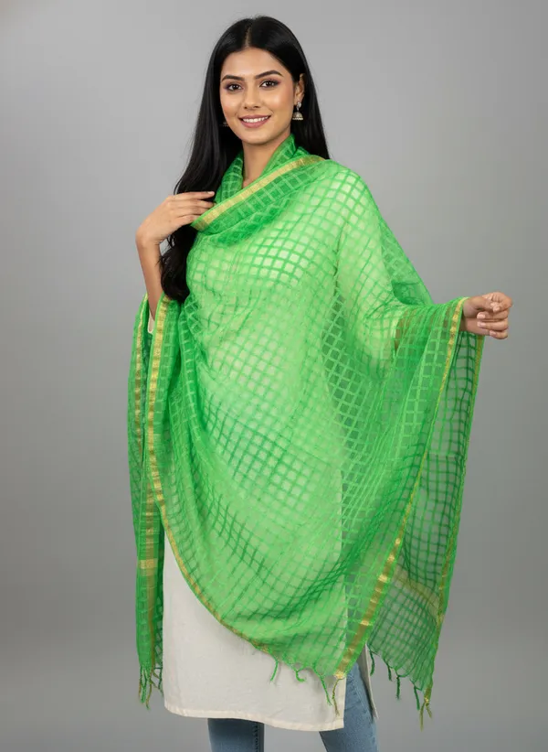 Parrot_Green_Banarasi_Bada_Check_/_Self-Color_Checkered_Dupatta_For_Women
