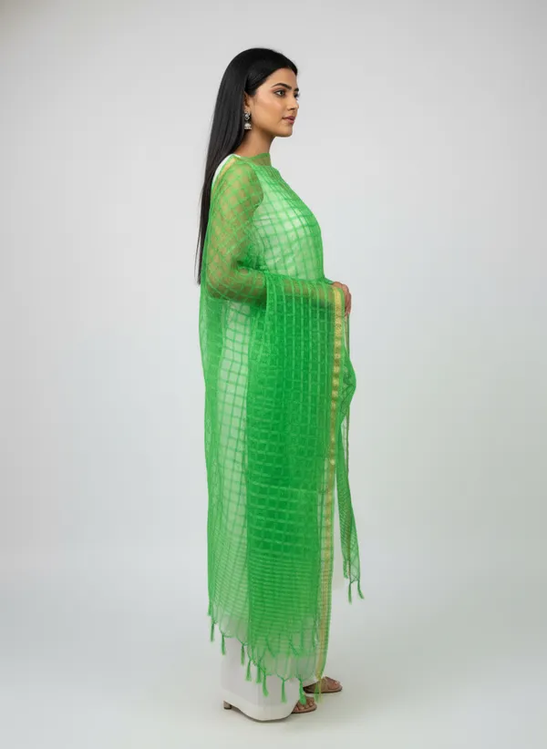 Parrot_Green_Banarasi_Bada_Check_/_Self-Color_Checkered_Dupatta_For_Women