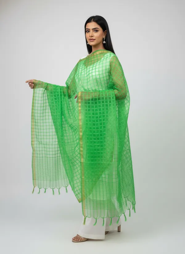 Parrot_Green_Banarasi_Bada_Check_/_Self-Color_Checkered_Dupatta_For_Women
