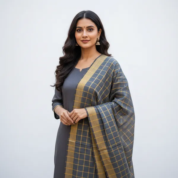 Grey_Banarasi_Thread_Work_Checkered_Dupatta_For_Women