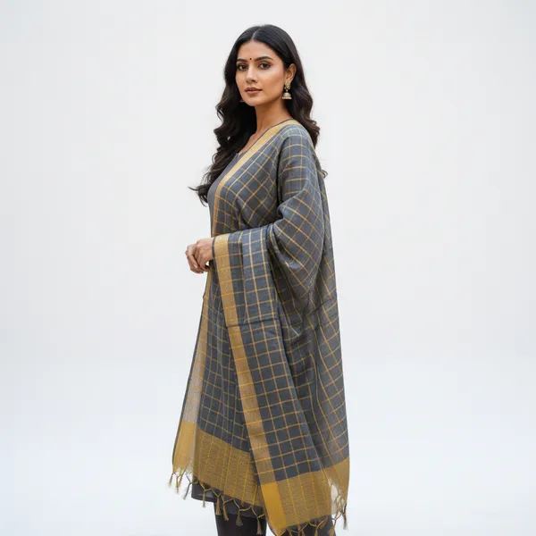 Grey_Banarasi_Thread_Work_Checkered_Dupatta_For_Women