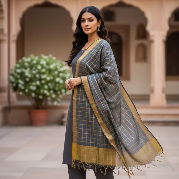 Grey_Banarasi_Thread_Work_Checkered_Dupatta_For_Women