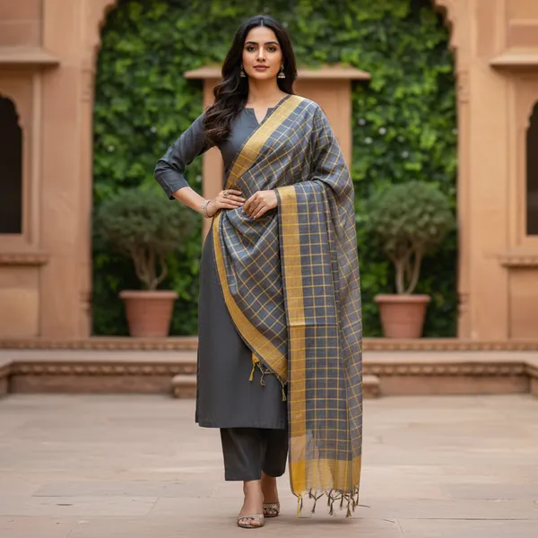 Grey_Banarasi_Thread_Work_Checkered_Dupatta_For_Women