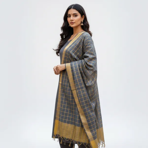 Grey_Banarasi_Thread_Work_Checkered_Dupatta_For_Women