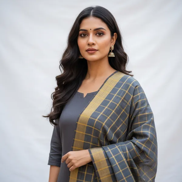 Grey_Banarasi_Thread_Work_Checkered_Dupatta_For_Women