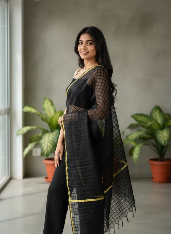 Black_Banarasi_Bada_Check_/_Self-Color_Checkered_Dupatta_For_Women