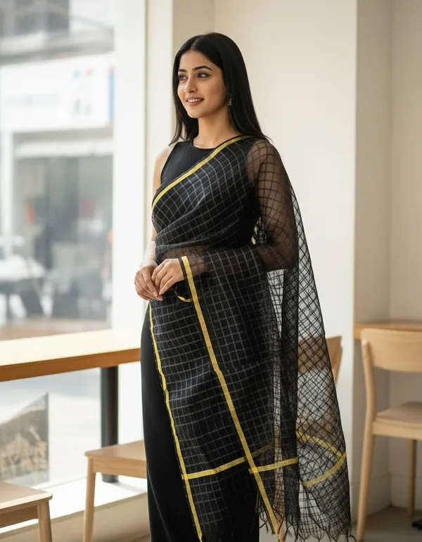 Black_Banarasi_Bada_Check_/_Self-Color_Checkered_Dupatta_For_Women