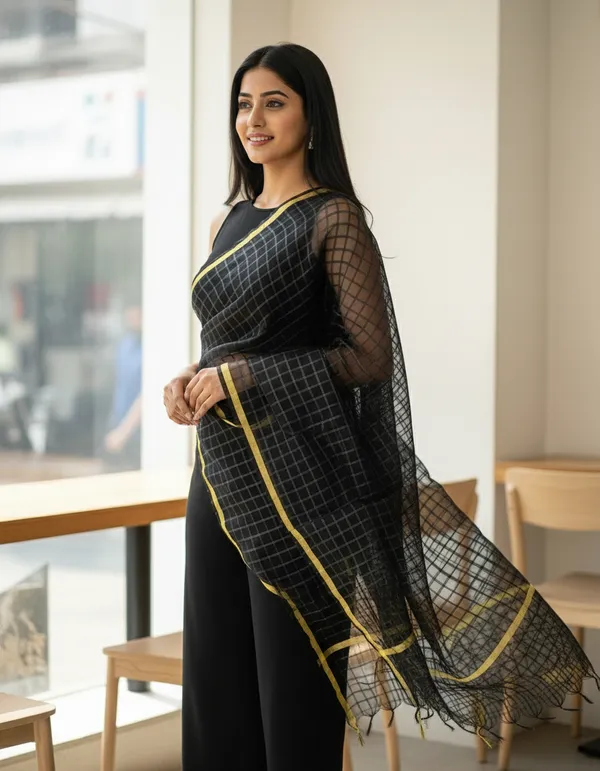 Black_Banarasi_Bada_Check_/_Self-Color_Checkered_Dupatta_For_Women