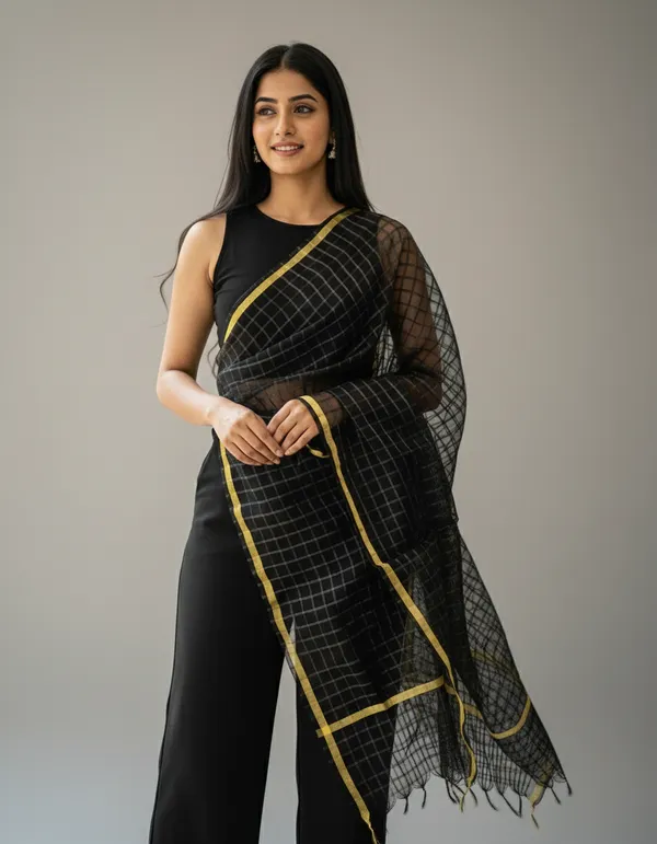 Black_Banarasi_Bada_Check_/_Self-Color_Checkered_Dupatta_For_Women