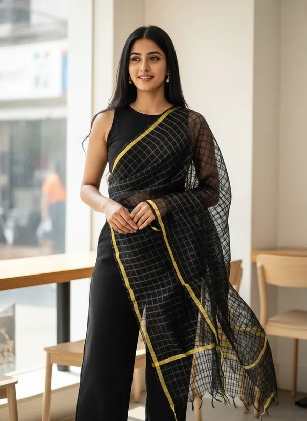 Black_Banarasi_Bada_Check_/_Self-Color_Checkered_Dupatta_For_Women