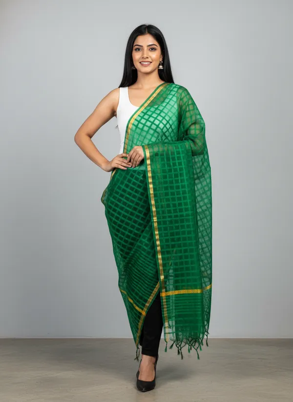 Bottle_Green_Banarasi_Bada_Check_/_Self-Color_Checkered_Dupatta_For_Women