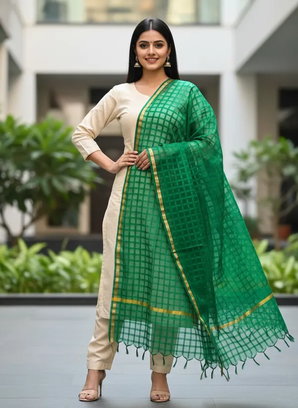 Bottle_Green_Banarasi_Bada_Check_/_Self-Color_Checkered_Dupatta_For_Women