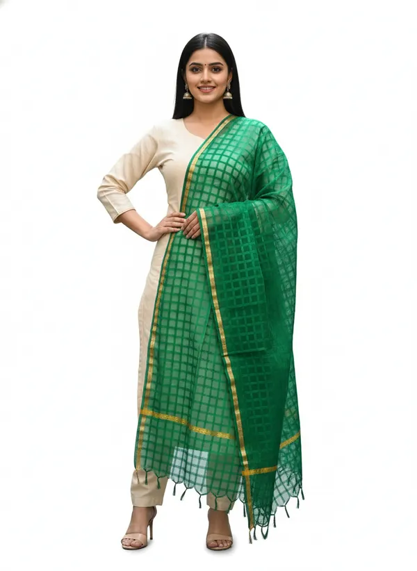 Bottle_Green_Banarasi_Bada_Check_/_Self-Color_Checkered_Dupatta_For_Women