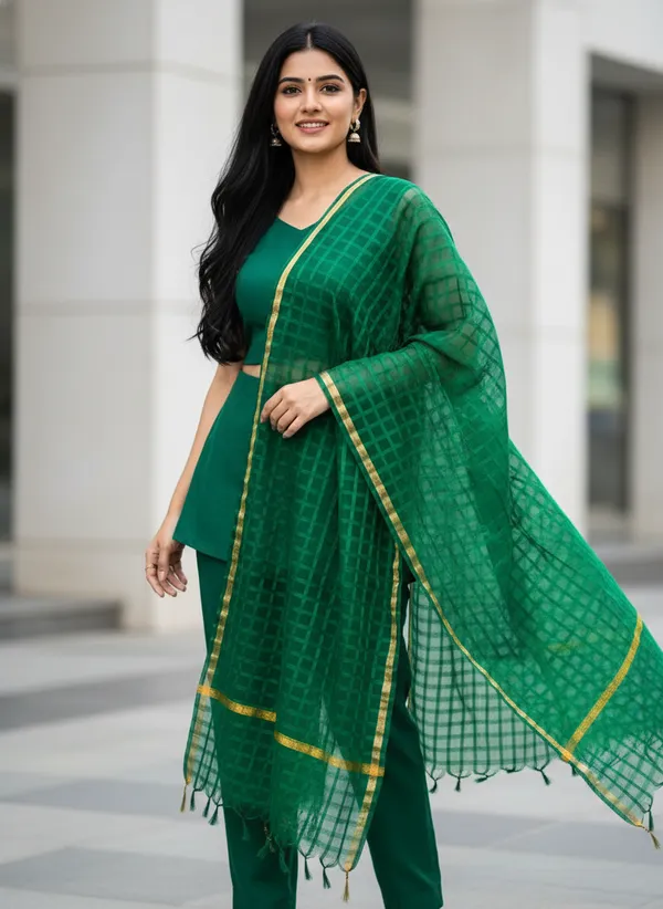 Bottle_Green_Banarasi_Bada_Check_/_Self-Color_Checkered_Dupatta_For_Women