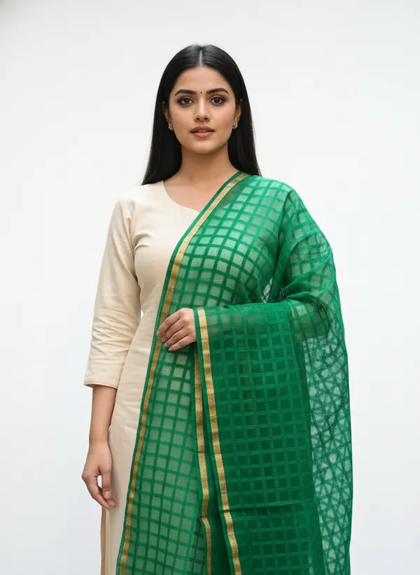 Bottle_Green_Banarasi_Bada_Check_/_Self-Color_Checkered_Dupatta_For_Women
