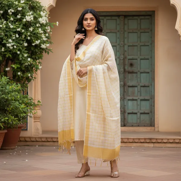 White_Banarasi_Thread_Work_Checkered_Dupatta_For_Women
